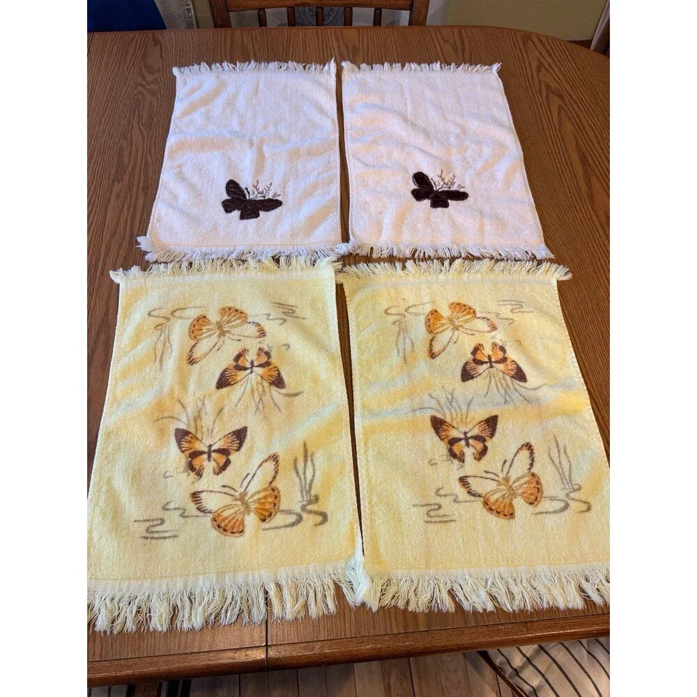 Bundle lot vintage groovy butterfly hand towel set white yellow cottagecore
